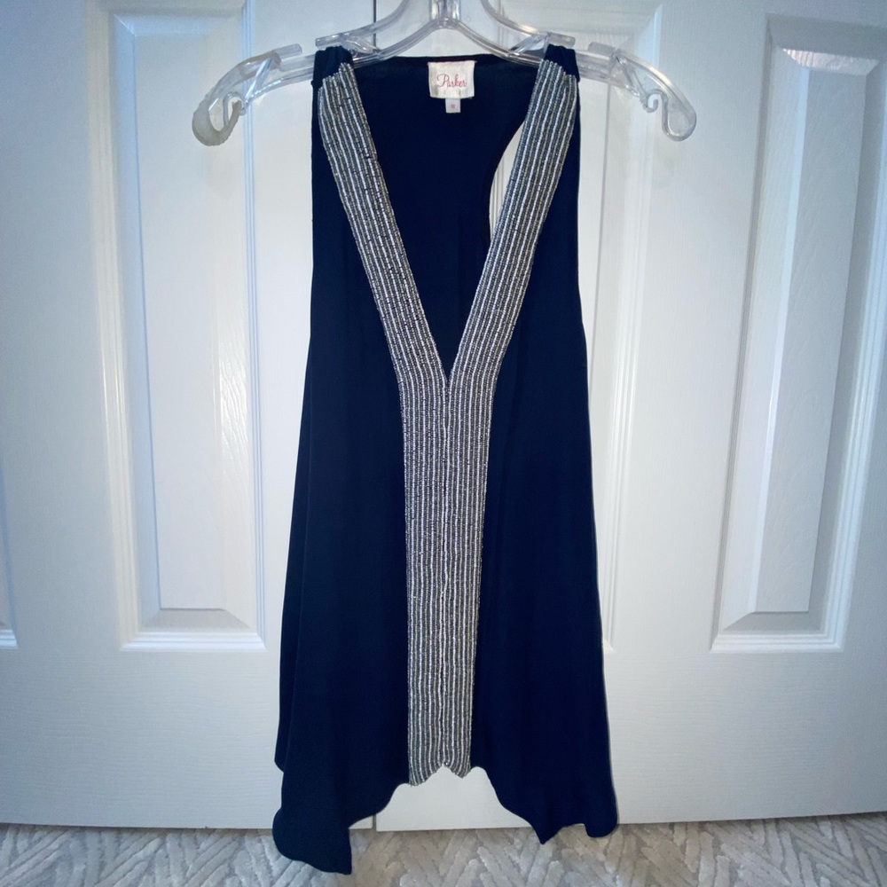 Parker Silk Navy Beaded V Neck Racerback Sleeveless Top Size M